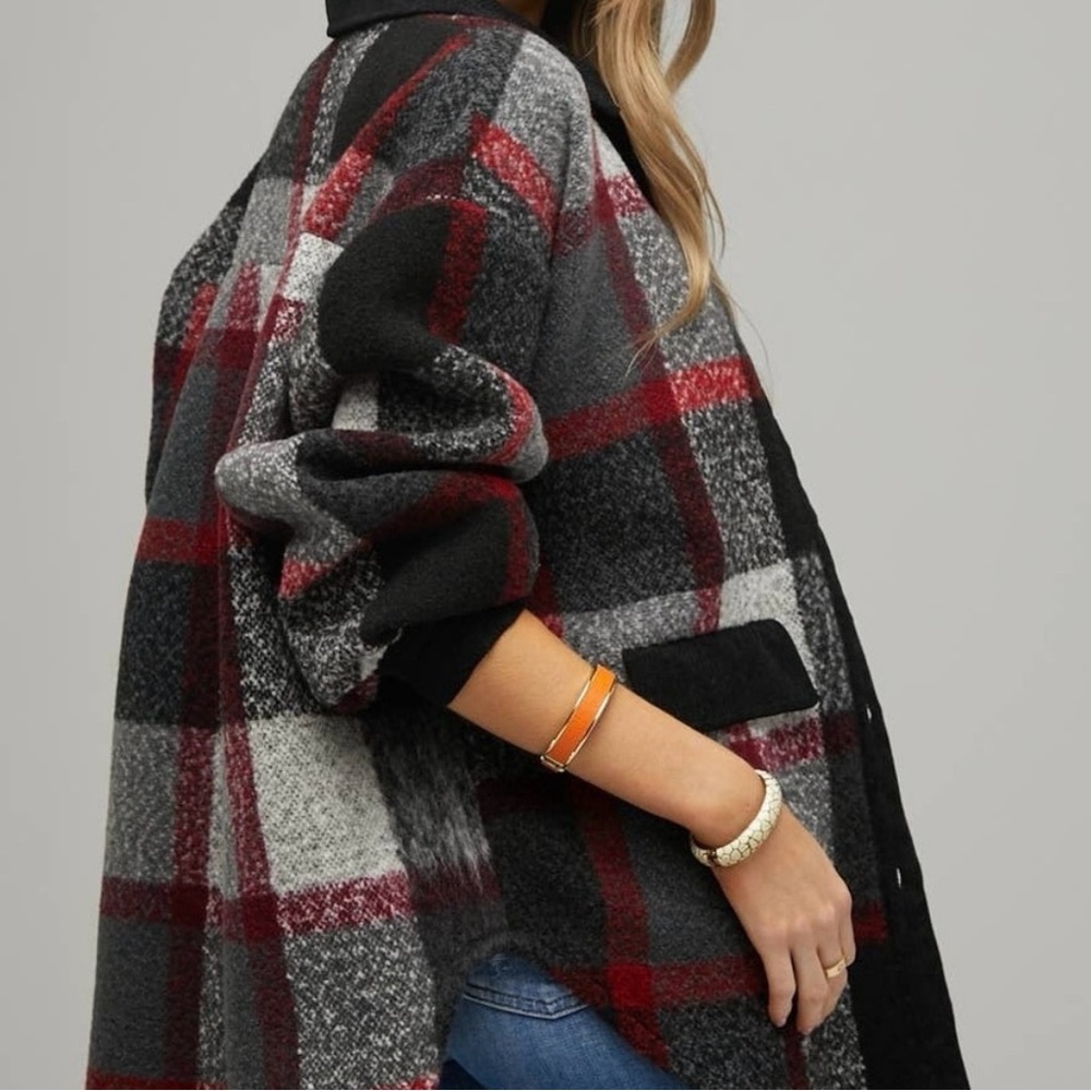 DAVI & DANI Oversized Plaid Shacket Button Up Wool Blend Textured Flannel Jacket - Picture 4 of 16